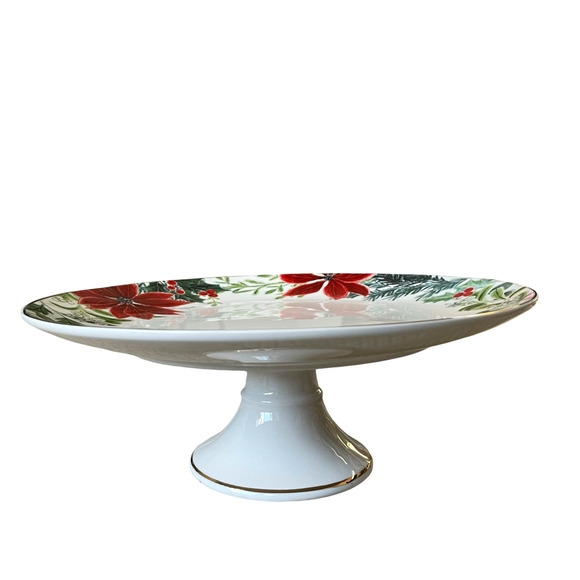 Grace Teaware Christmas Poinsettia Porcelain Cake Stand Holiday Holly New - Picture 9 of 12